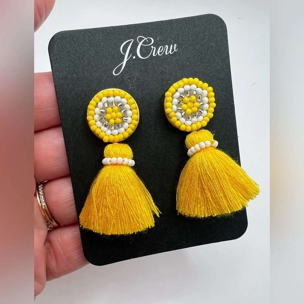 NWT! J. Crew Yellow Beaded Tassel Stud Earrings and Dust Bag
